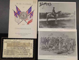 This photo contains a collection of Civil War mementos: "War Papers of the Confederacy," a United States postage certificate, a photo of General Robert E. Lee, and a sketch of a group of Confederate soldiers.