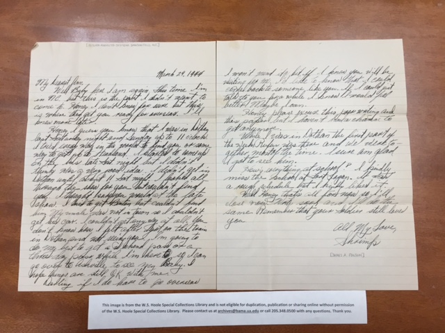 Ann Hollis, a native of Headland, Alabama, exchanged love letters to her husband while he was overseas during WWII. A collection of their letters can be found in the W.S. Hoole Special Collections Library.