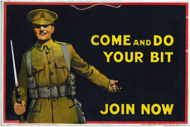 Poster of a soldier with the text "come and do your bit, join now"